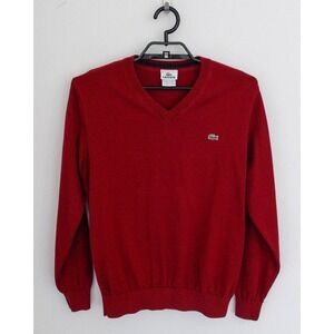 Lacoste Pullover Sweater Mens Medium Size 4 Red V-Neck Cotton Long Sleeve Casual